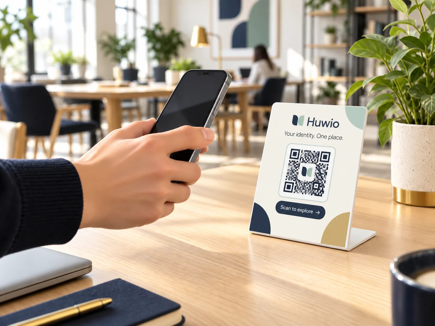 A phone scanning the Huwio QR code on a desk card